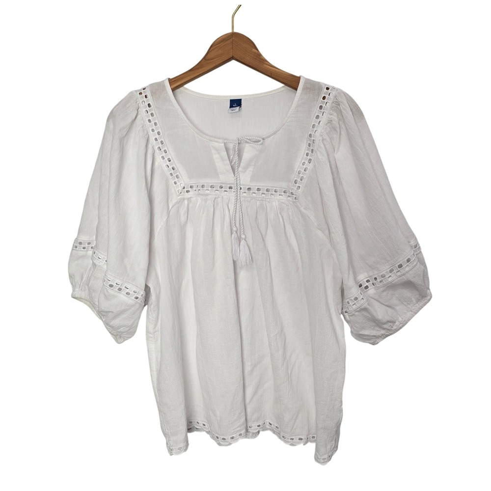 Old Navy White Cotton Eyelet Lace Peasant Blouse Tassel Tie Puff Sleeve L Tall